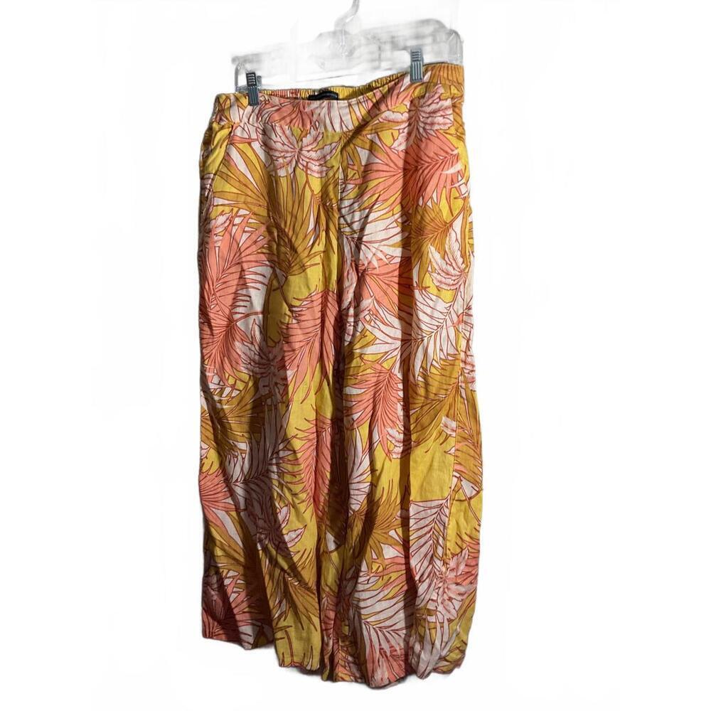 Tahari Linen Colorful Tropical Print Wide Leg Crop Pants Large